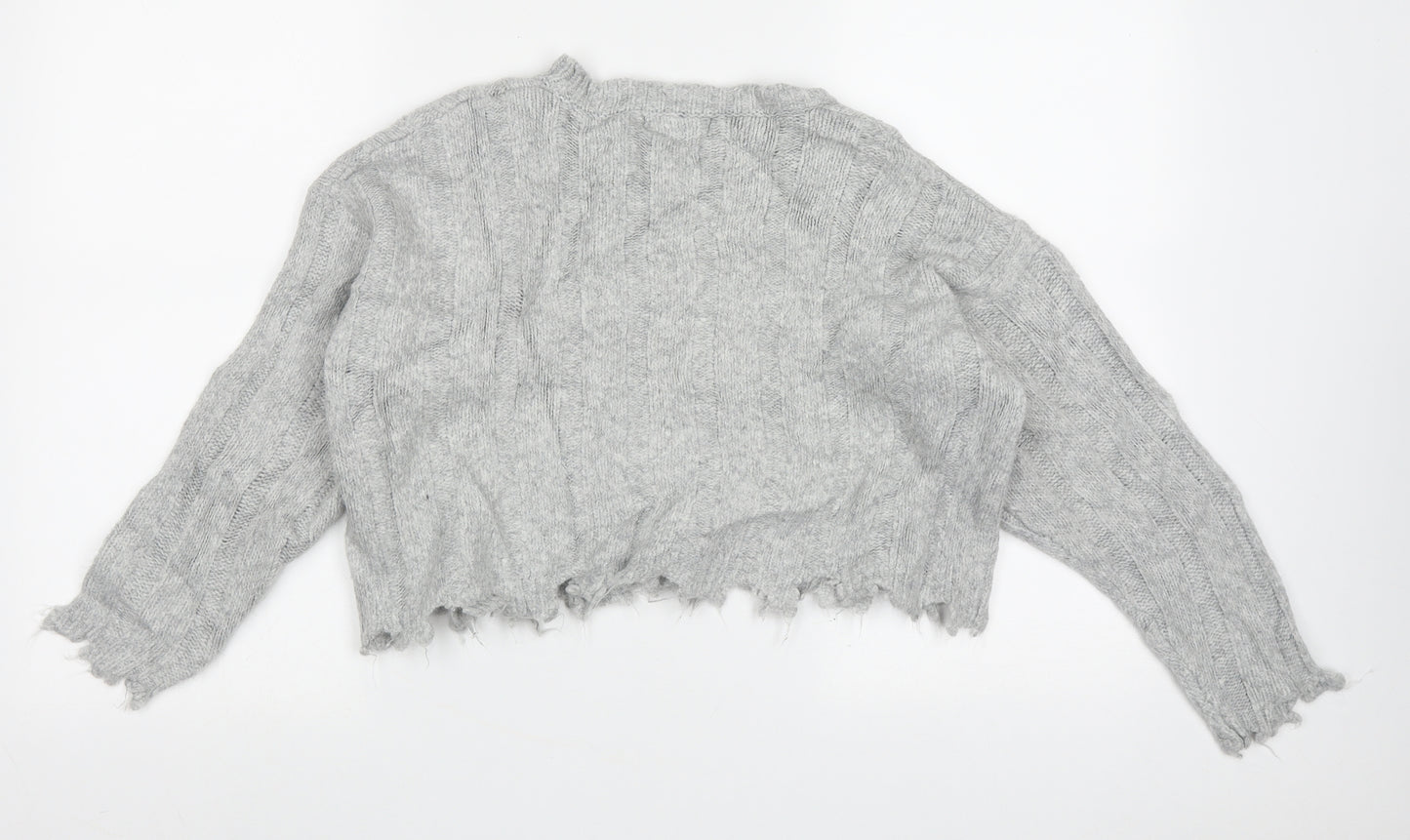 Bershka Womens Grey Crew Neck Striped Acrylic Pullover Jumper Size S