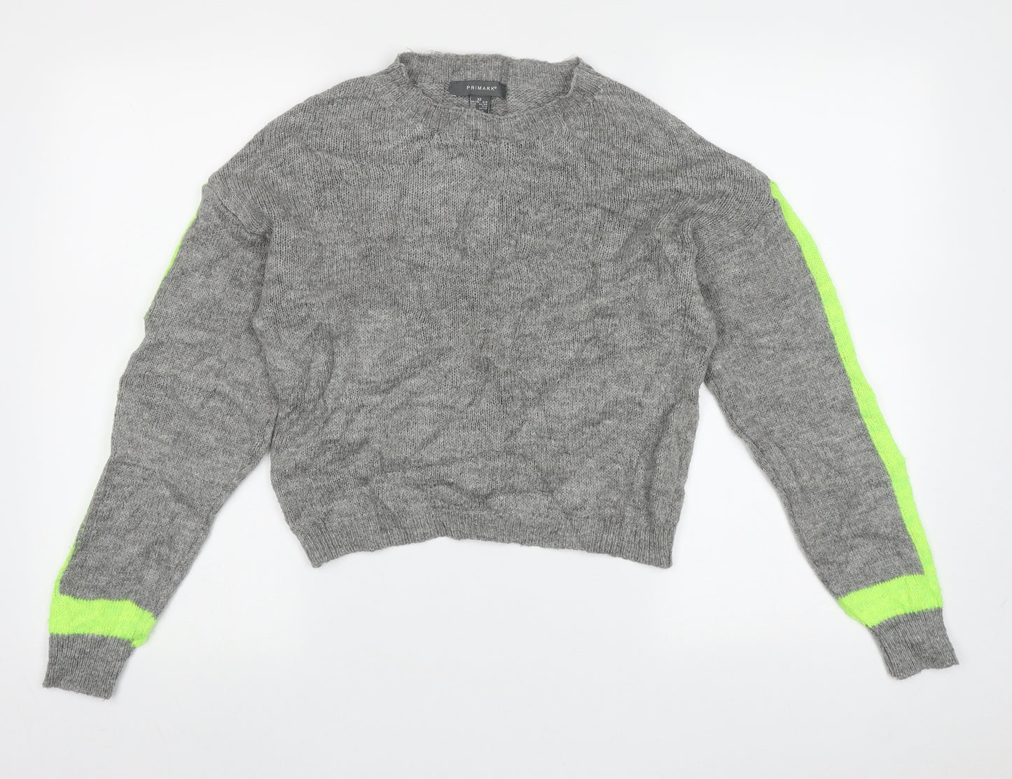 Primark Womens Grey Crew Neck Striped Acrylic Pullover Jumper Size 8