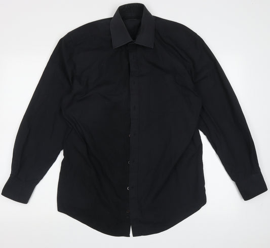 Front view of F&F men’s black cotton button-up, size 15, collared button