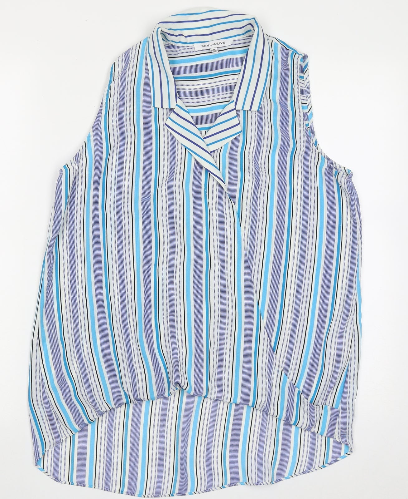 Rose + Olive Womens Blue Striped Polyester Basic Blouse Size M V-Neck
