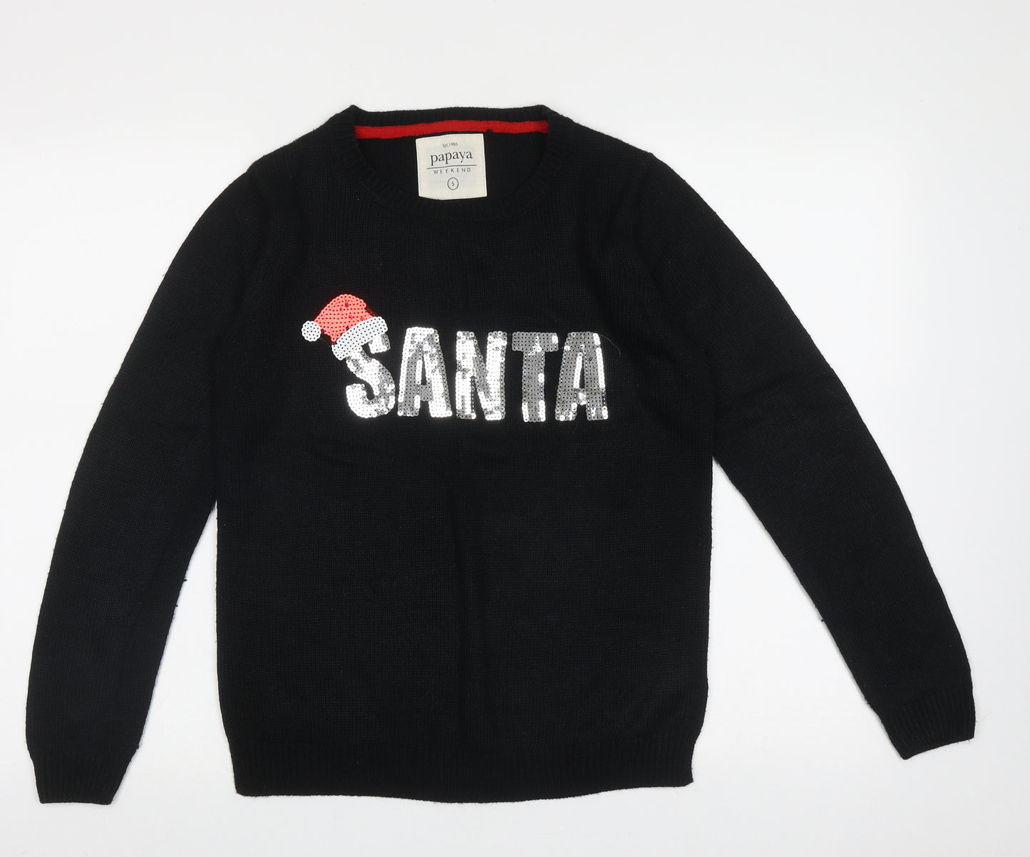 Papaya Womens Black Crew Neck  Acrylic Pullover Jumper Size S   - santa