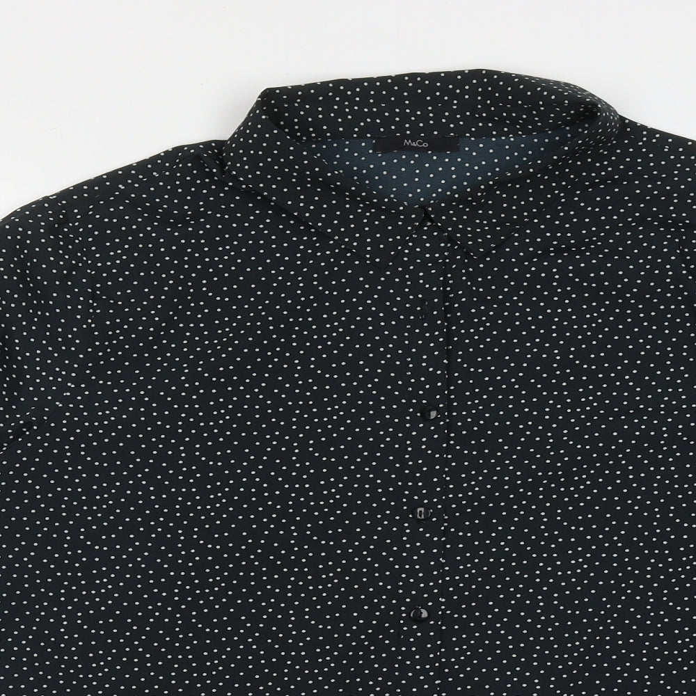 M&Co Womens Black Polka Dot Polyester Basic Button-Up Size 14 Collared