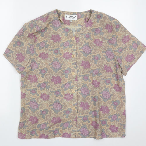 billian Womens Purple Floral Polyester Basic Button-Up Size 16 Crew Neck