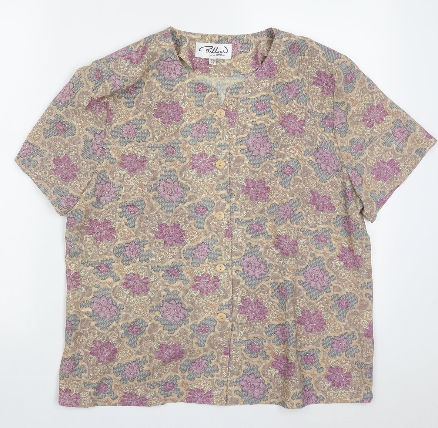 billian Womens Purple Floral Polyester Basic Button-Up Size 16 Crew Neck