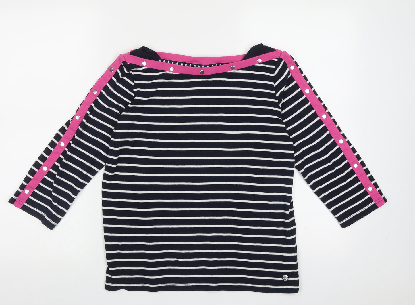 Maine Womens Blue Striped Cotton Basic T-Shirt Size 14 Boat Neck
