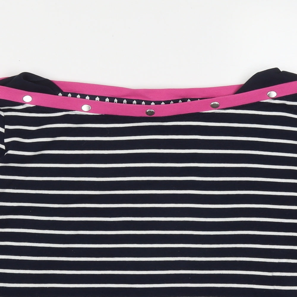 Maine Womens Blue Striped Cotton Basic T-Shirt Size 14 Boat Neck