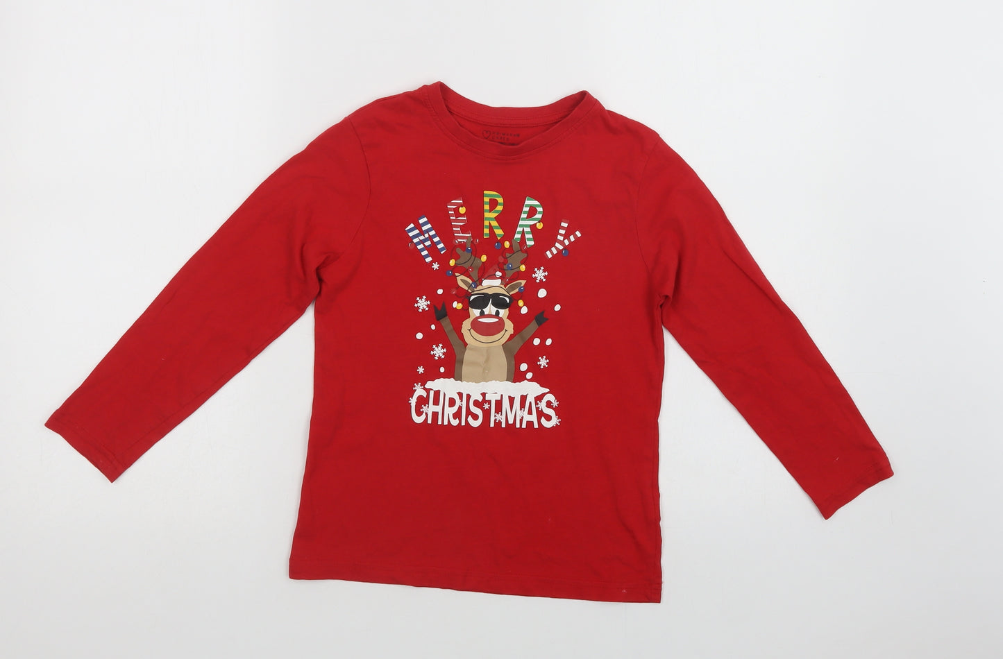 Primark Girls Red  Cotton Basic Polo Size 7-8 Years Crew Neck  - Rudolph Christmas