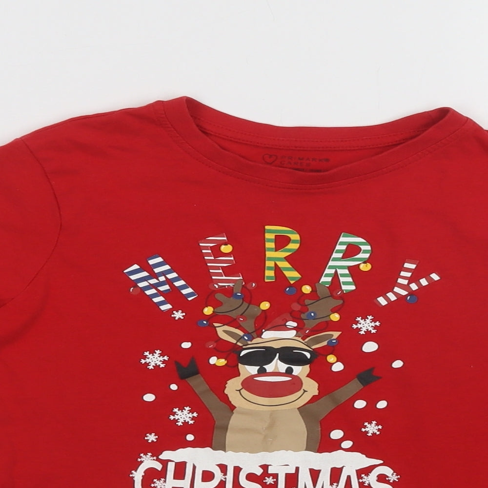 Primark Girls Red  Cotton Basic Polo Size 7-8 Years Crew Neck  - Rudolph Christmas