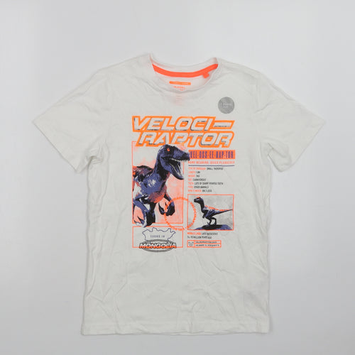 F&F Boys White  Cotton Basic T-Shirt Size 8-9 Years Crew Neck  - Dinosaur