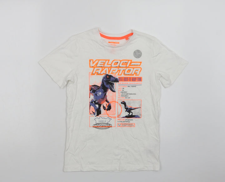 F&F Boys White Cotton Basic T-Shirt Size 8-9 Years Crew Neck - Dinosaur
