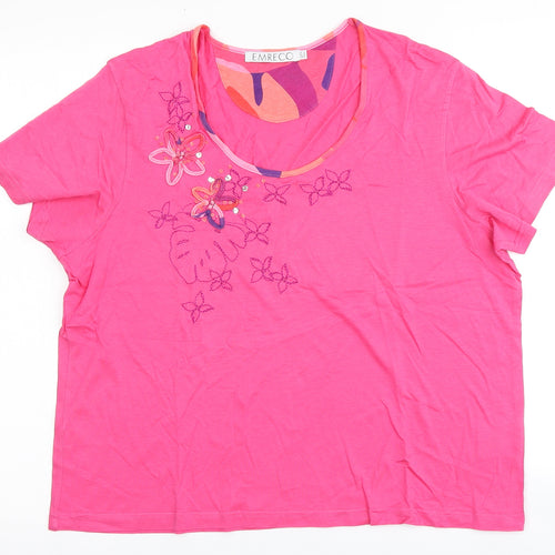 Emreco Womens Pink  Cotton Basic T-Shirt Size 18 Round Neck - Flowers