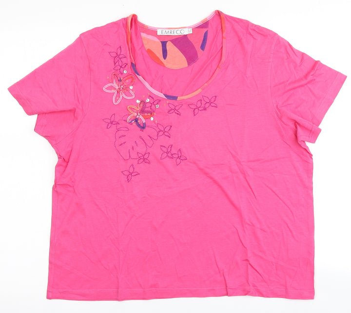 Emreco Womens Pink Cotton Basic T-Shirt Size 18 Round Neck - Flowers