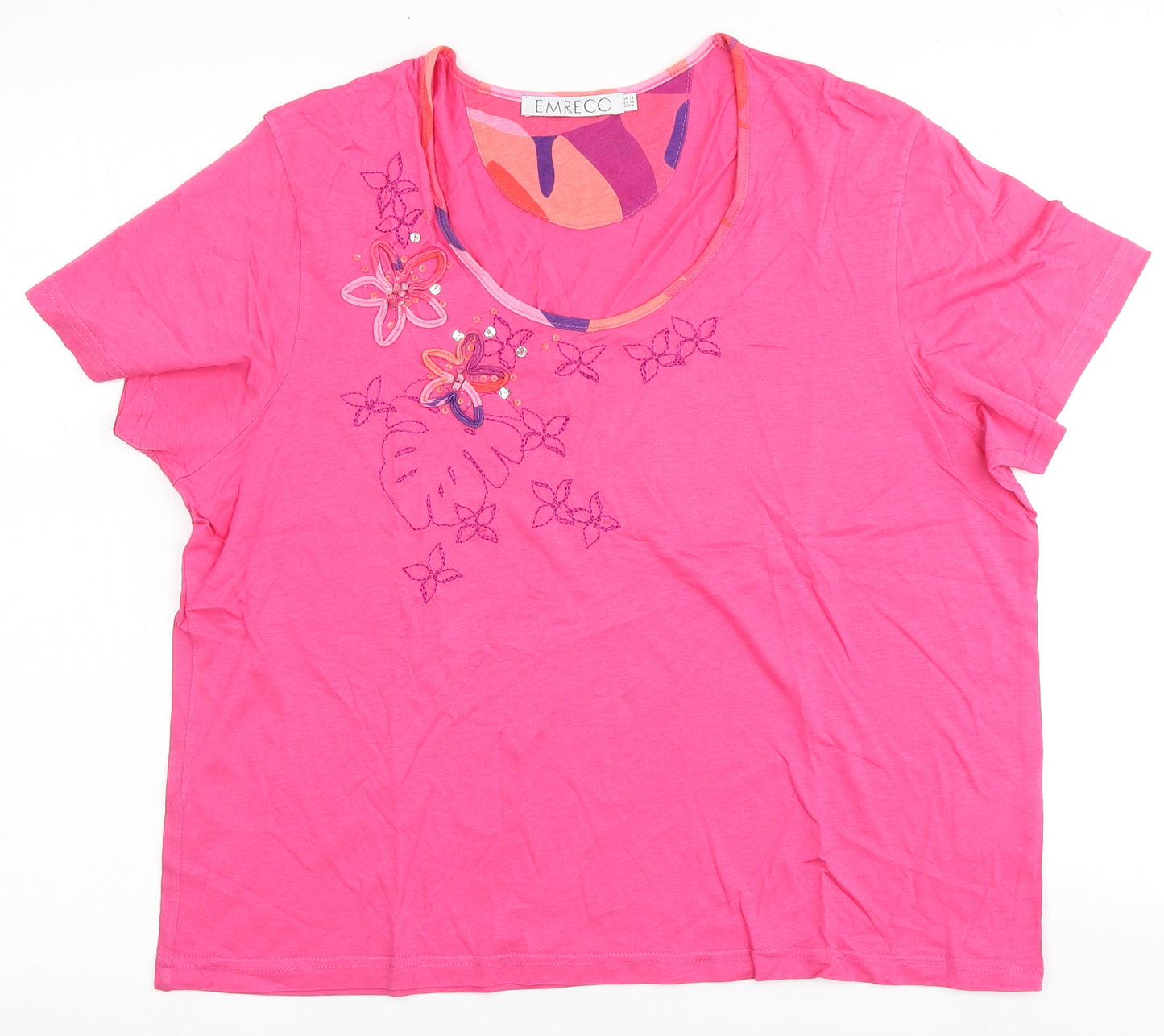 Emreco Womens Pink  Cotton Basic T-Shirt Size 18 Round Neck - Flowers