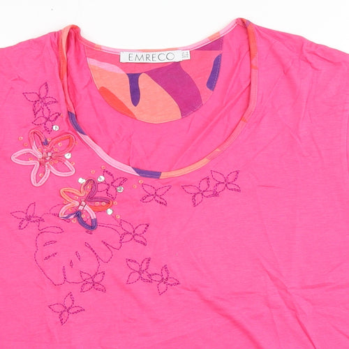 Emreco Womens Pink  Cotton Basic T-Shirt Size 18 Round Neck - Flowers