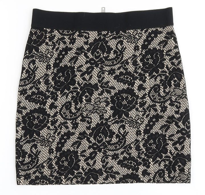 H&M Womens Black Floral Polyester A-Line Skirt Size 8 Zip
