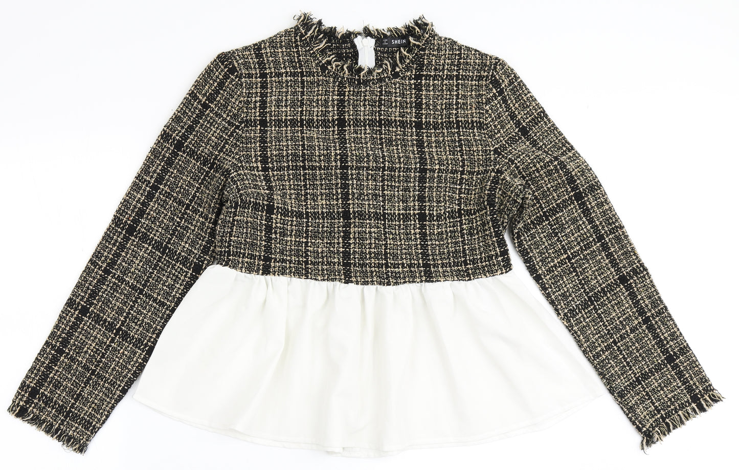 SheIn Womens Brown Check Polyester Basic Blouse Size L Round Neck