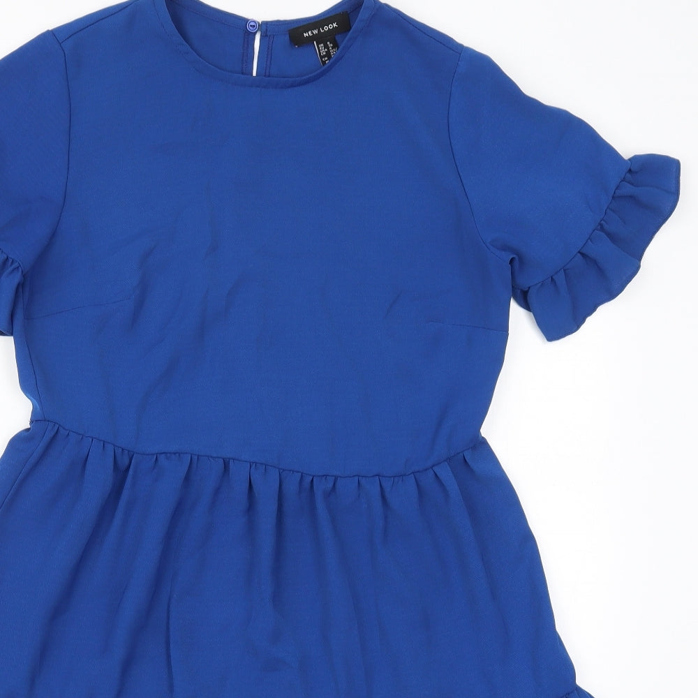 New Look Womens Blue  Polyester Skater Dress  Size 8  Round Neck Button