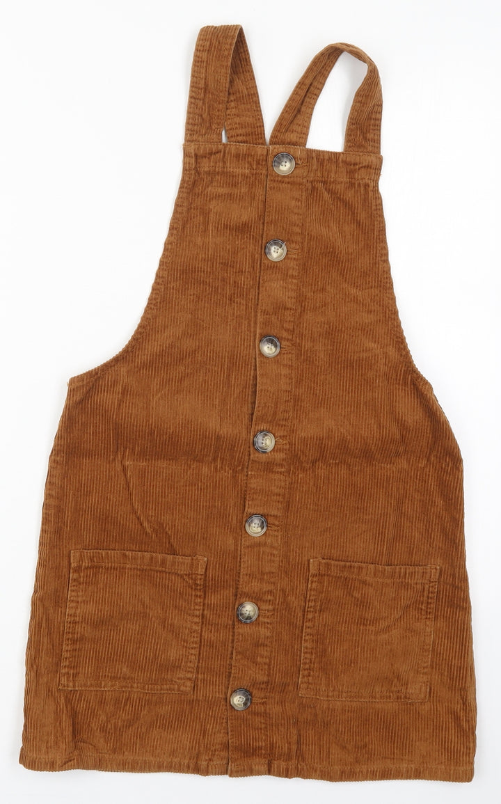 Denim Co Womens Brown Cotton Pinafore/Dungaree Dress Size 6 Square Neck Button