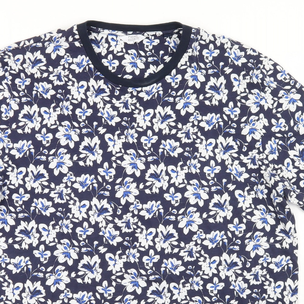 NEXT Mens Blue Floral Cotton  T-Shirt Size L Crew Neck