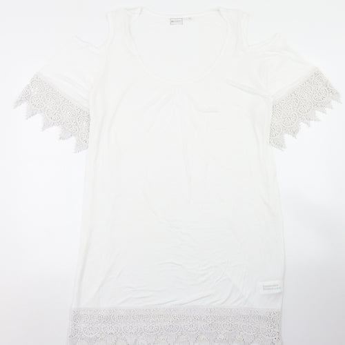 bpc Womens White  Viscose Tunic T-Shirt Size M Crew Neck - Lace Sleeve and Hem Detail, Cold Shoulder