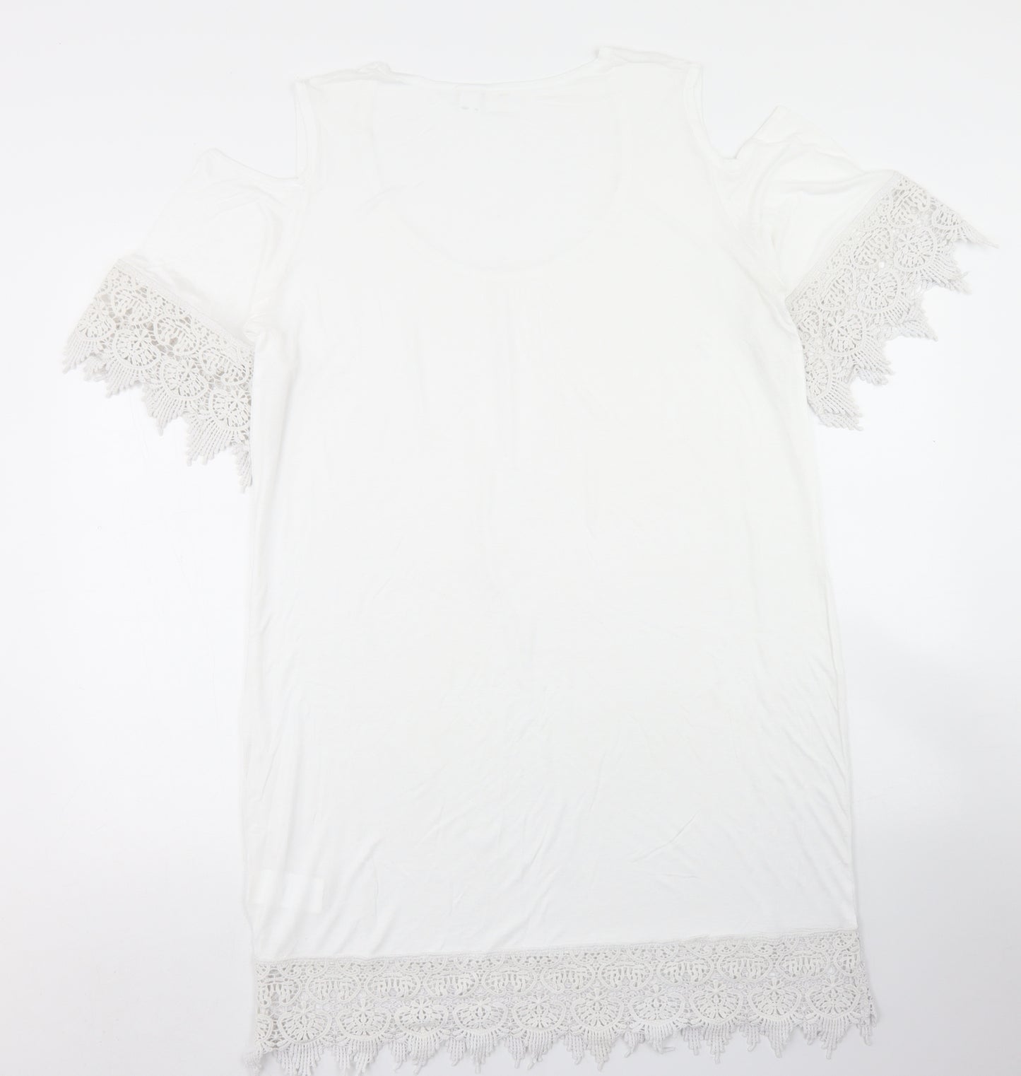 bpc Womens White  Viscose Tunic T-Shirt Size M Crew Neck - Lace Sleeve and Hem Detail, Cold Shoulder