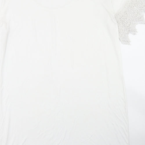 bpc Womens White  Viscose Tunic T-Shirt Size M Crew Neck - Lace Sleeve and Hem Detail, Cold Shoulder