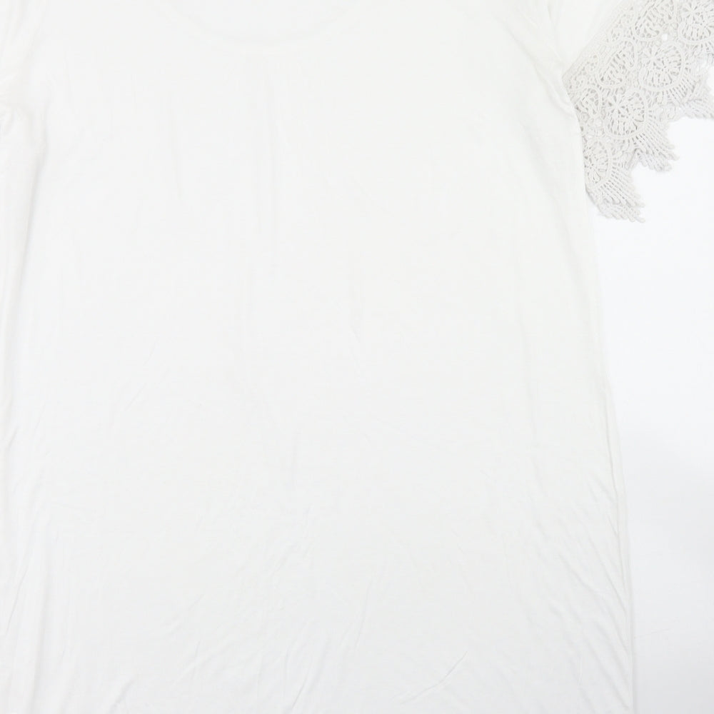 bpc Womens White  Viscose Tunic T-Shirt Size M Crew Neck - Lace Sleeve and Hem Detail, Cold Shoulder