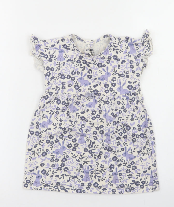 George Girls White Floral Cotton Skater Dress Size 12-18 Months Crew Neck Snap