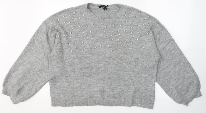 New Look Womens Grey  Acrylic Basic Blouse Size L Round Neck - jewl detail