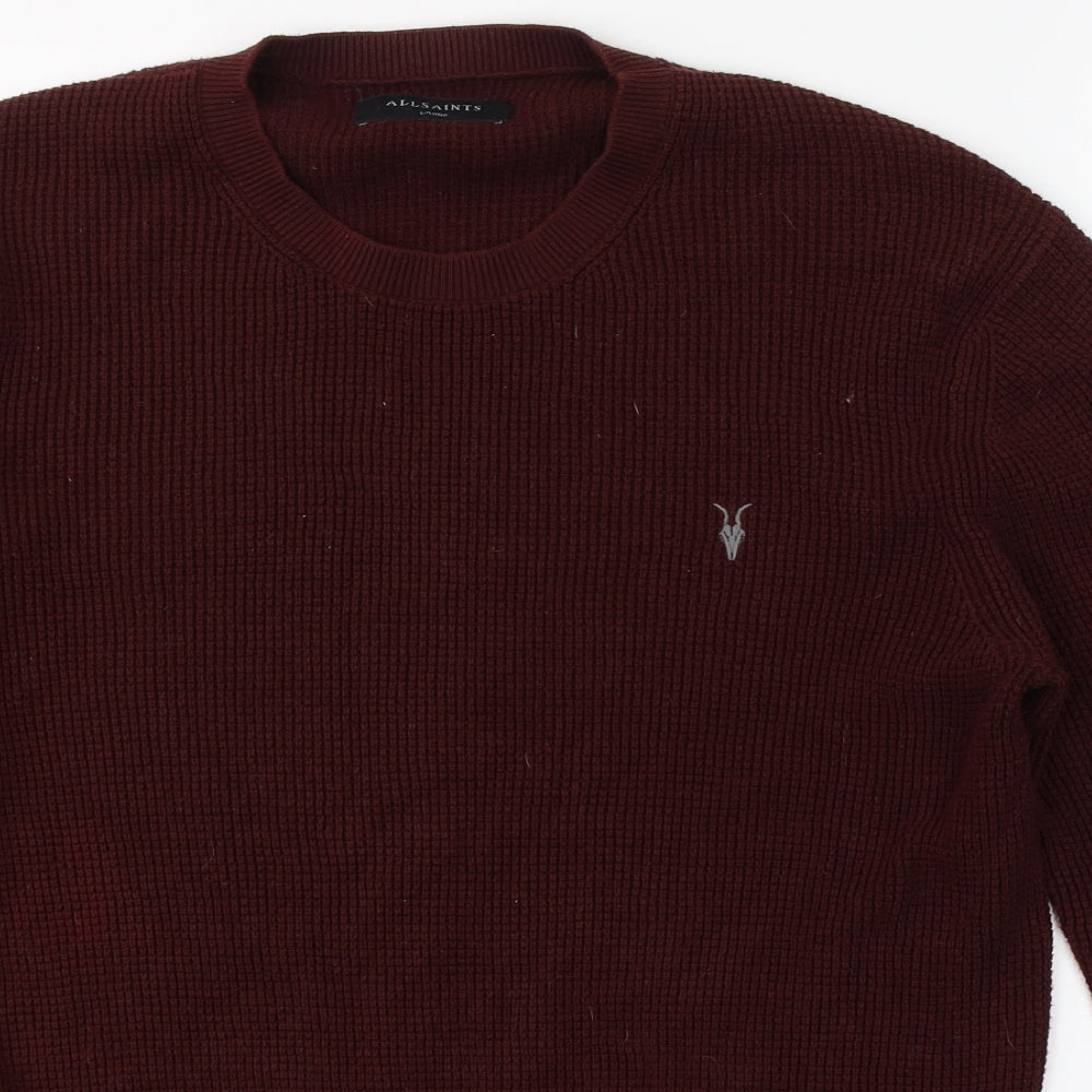 AllSaints Mens Red Round Neck Animal Print Cotton Pullover Jumper Size L