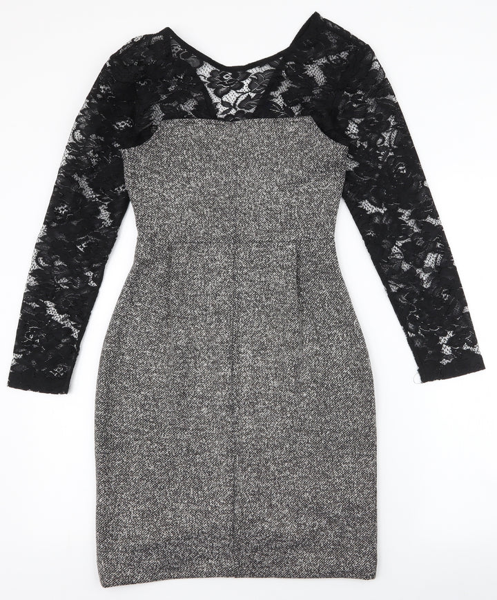 French Connection Womens Black Polyester Pencil Dress Size 6 High Neck Zip - lace sleeves