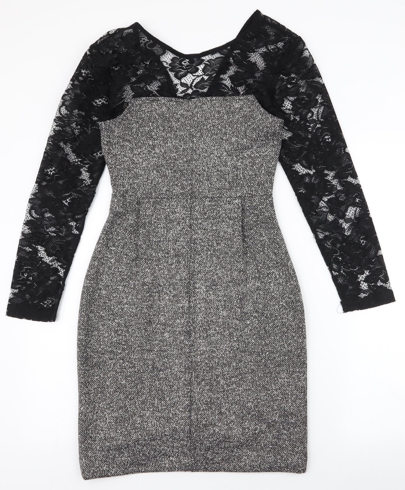 French Connection Womens Black  Polyester Pencil Dress  Size 6  High Neck Zip - lace sleeves