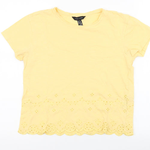 New Look Womens Yellow Floral Cotton Jersey T-Shirt Size 8 Round Neck