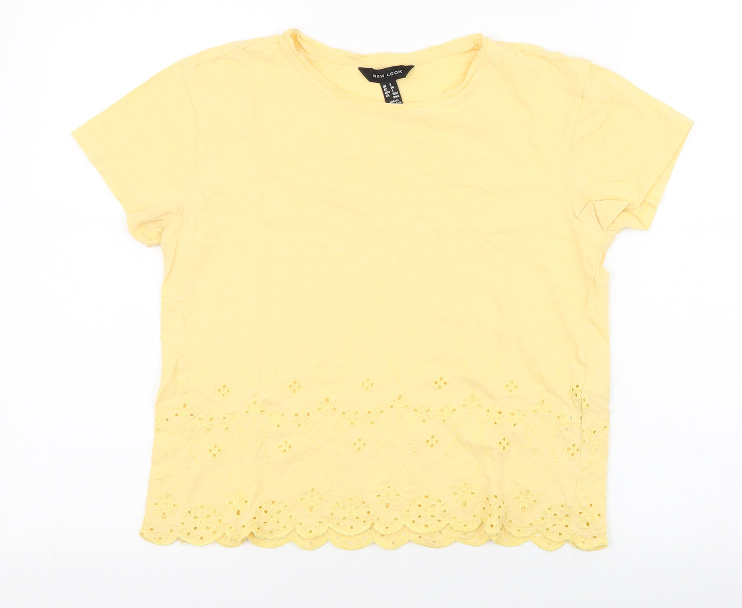 New Look Womens Yellow Floral Cotton Jersey T-Shirt Size 8 Round Neck