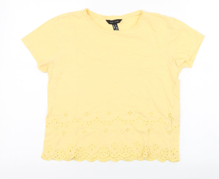 New Look Womens Yellow Floral Cotton Jersey T-Shirt Size 8 Round Neck