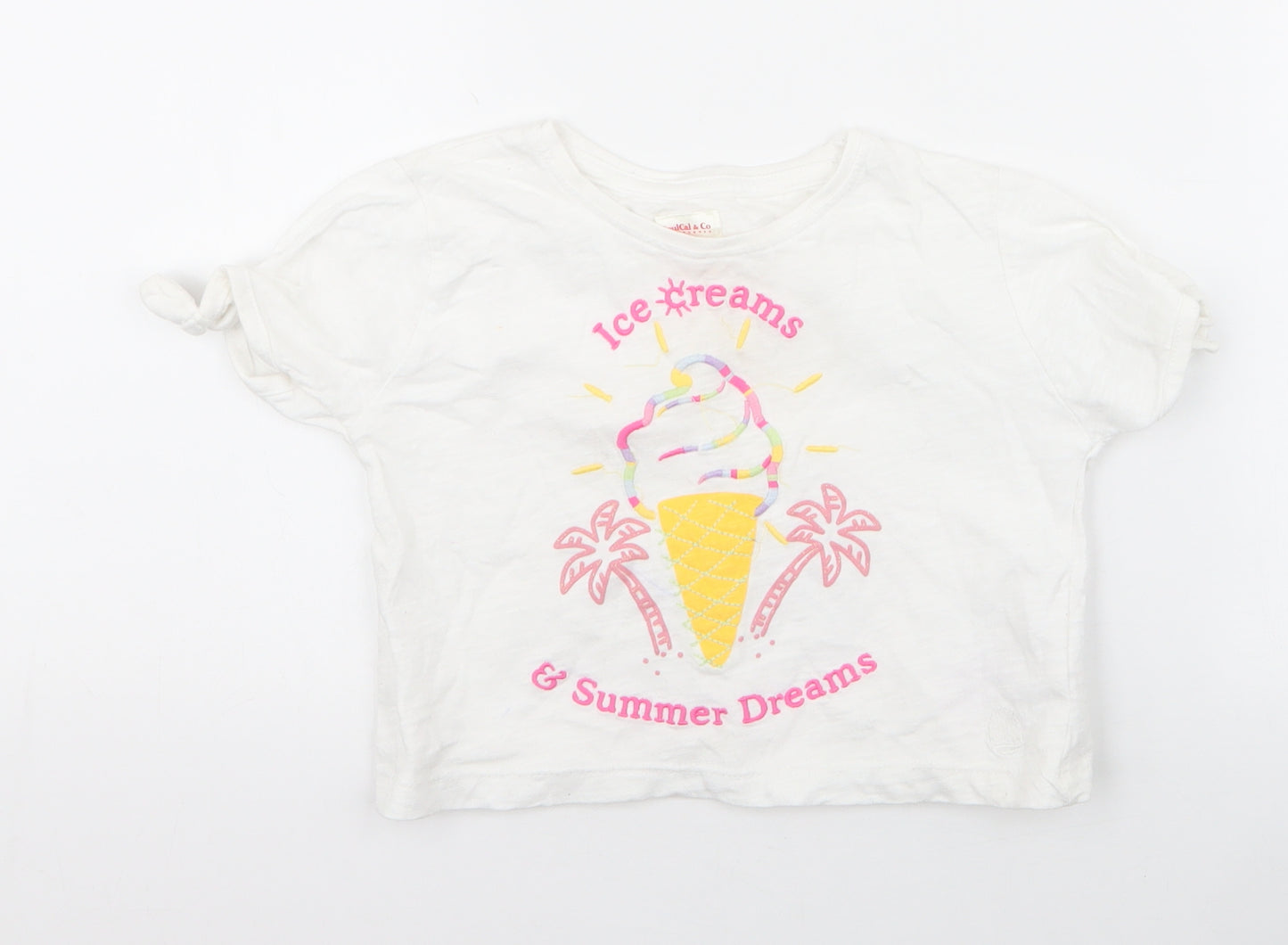 SoulCal&Co Girls White  100% Cotton Jersey T-Shirt Size 5-6 Years Round Neck Pullover - ice cream , cropped