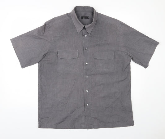 Front view of F&F men’s grey polyester button-up, size M, collared button