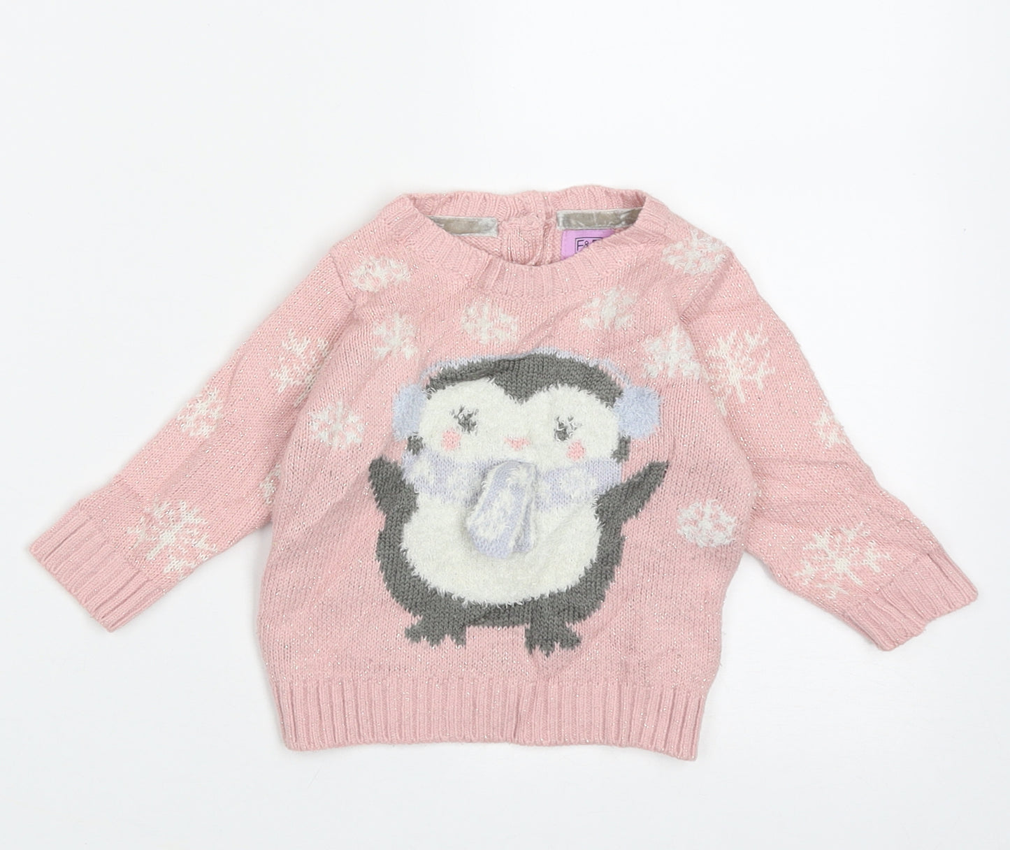 F&F Girls Pink Geometric Acrylic Pullover Jumper Size 3-6 Months  Button - Penguin