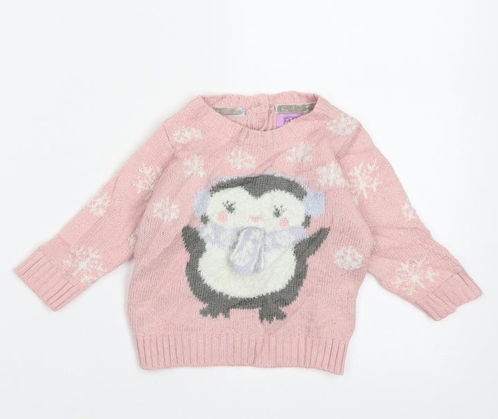 F&F Girls Pink Geometric Acrylic Pullover Jumper Size 3-6 Months  Button - Penguin