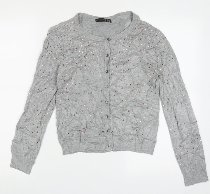 Atmosphere Womens Grey Crew Neck  Viscose Cardigan Jumper Size 10   - bead detail