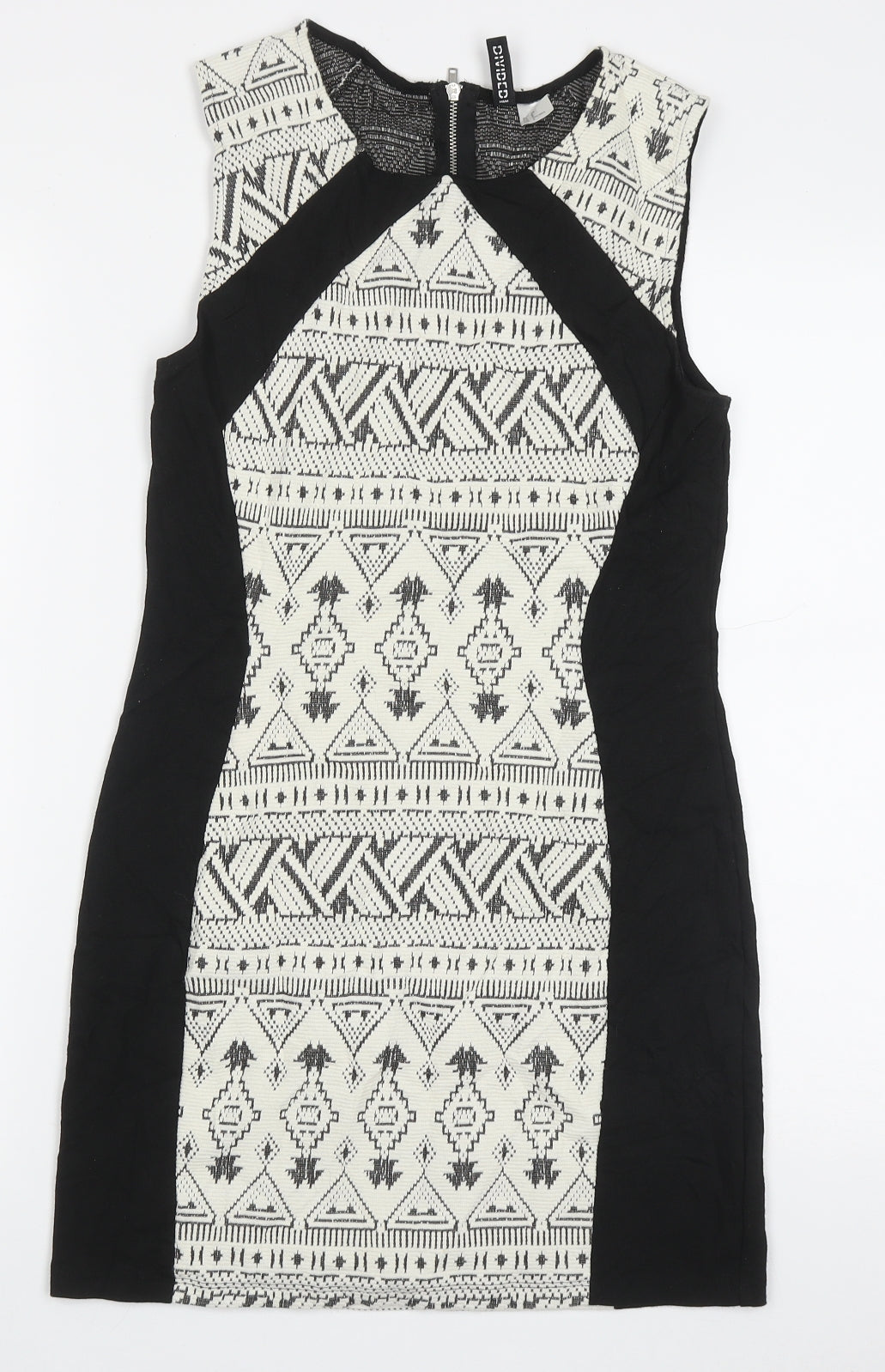 H&M Womens White Geometric Cotton Bodycon  Size 12  Crew Neck Zip