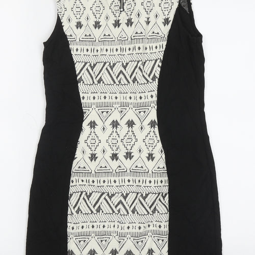H&M Womens White Geometric Cotton Bodycon  Size 12  Crew Neck Zip