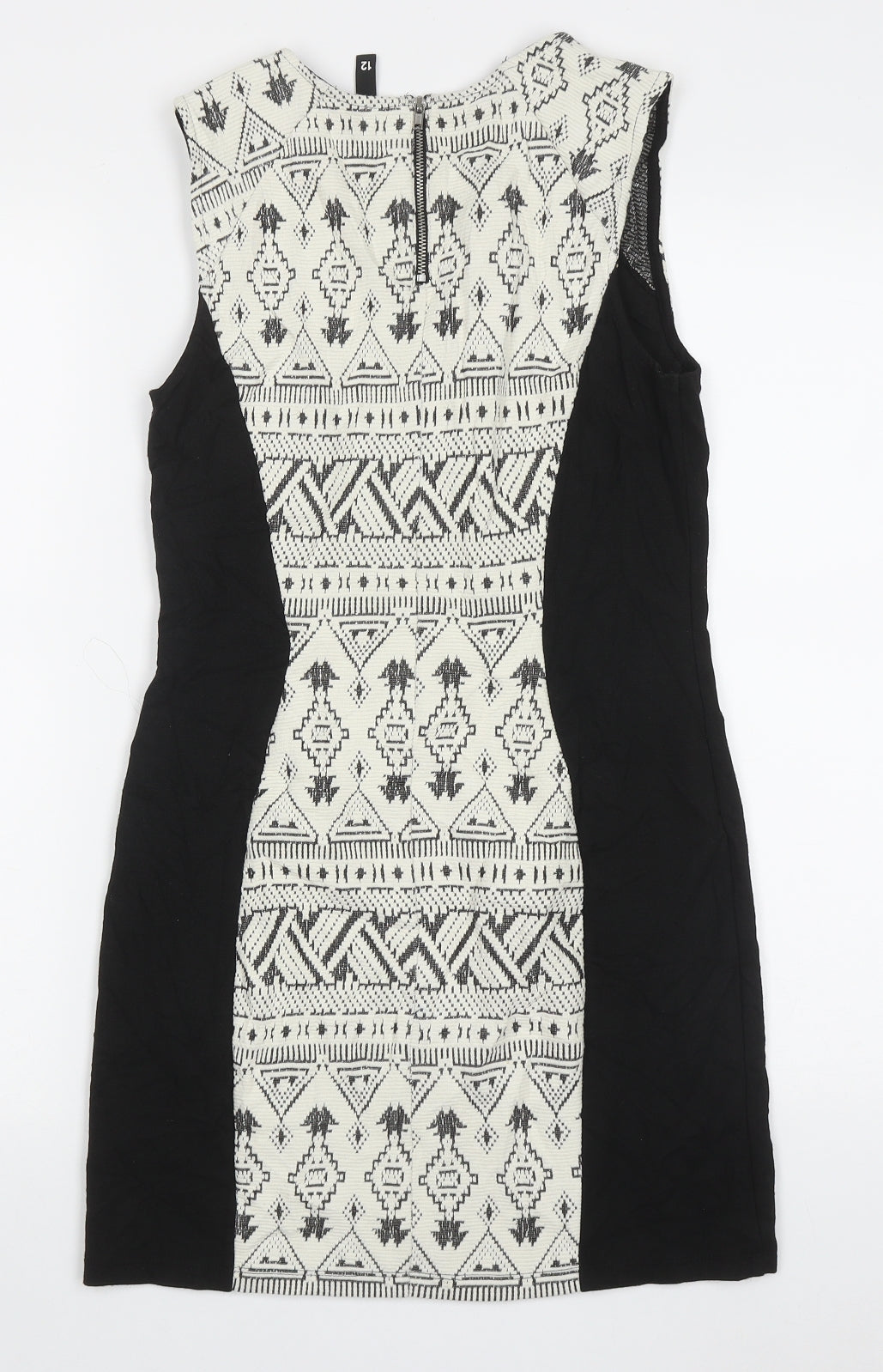 H&M Womens White Geometric Cotton Bodycon  Size 12  Crew Neck Zip