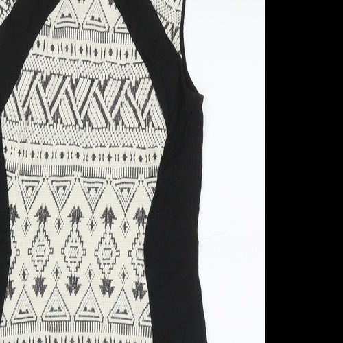 H&M Womens White Geometric Cotton Bodycon  Size 12  Crew Neck Zip