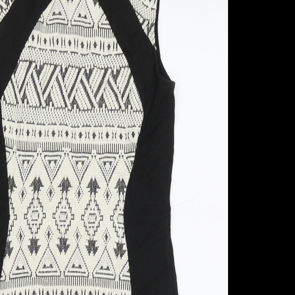 H&M Womens White Geometric Cotton Bodycon  Size 12  Crew Neck Zip