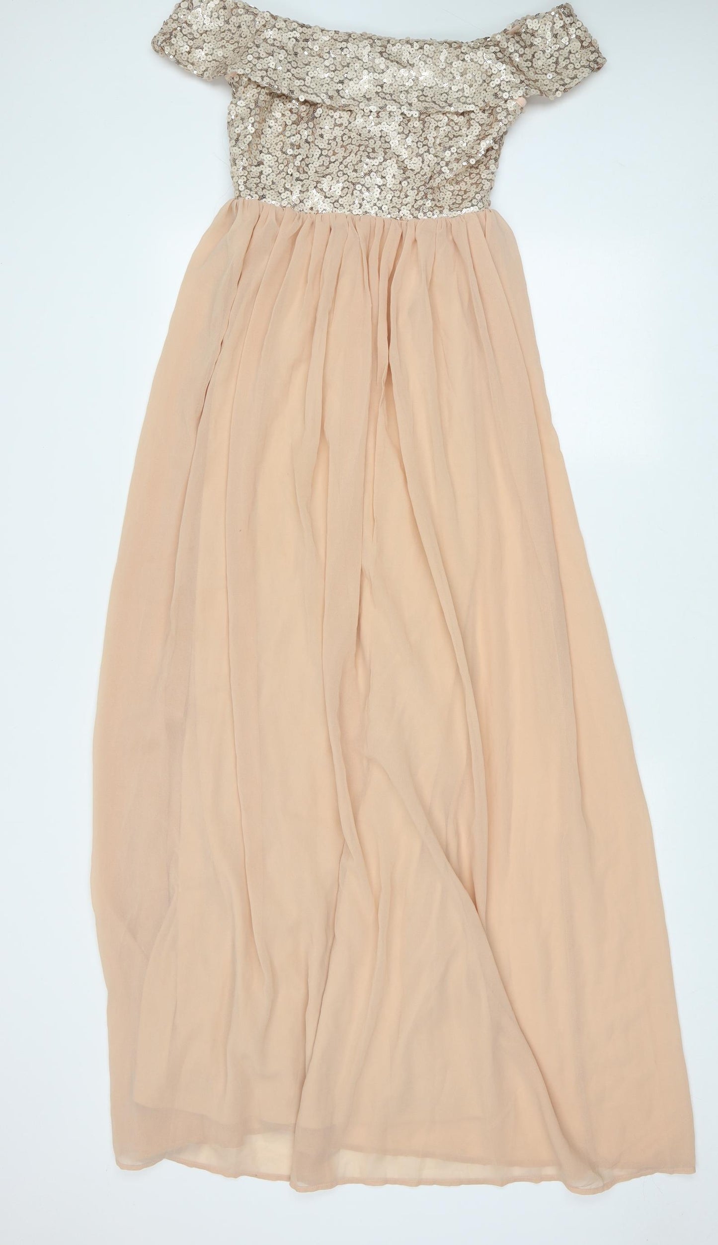 Boohoo Womens Gold  Polyester Ball Gown  Size 8  Off the Shoulder Pullover - Sequin detail