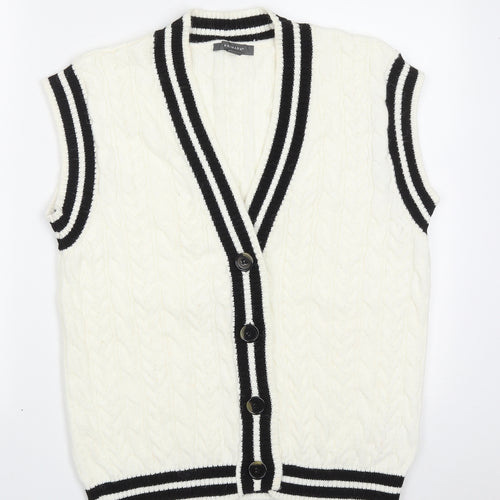 Primark Womens White V-Neck Geometric Acrylic Cardigan Jumper Size S