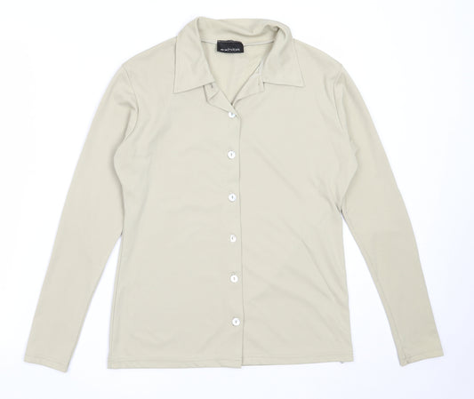 Front view of Exhibit women’s beige polyester basic button-up, size M, collared