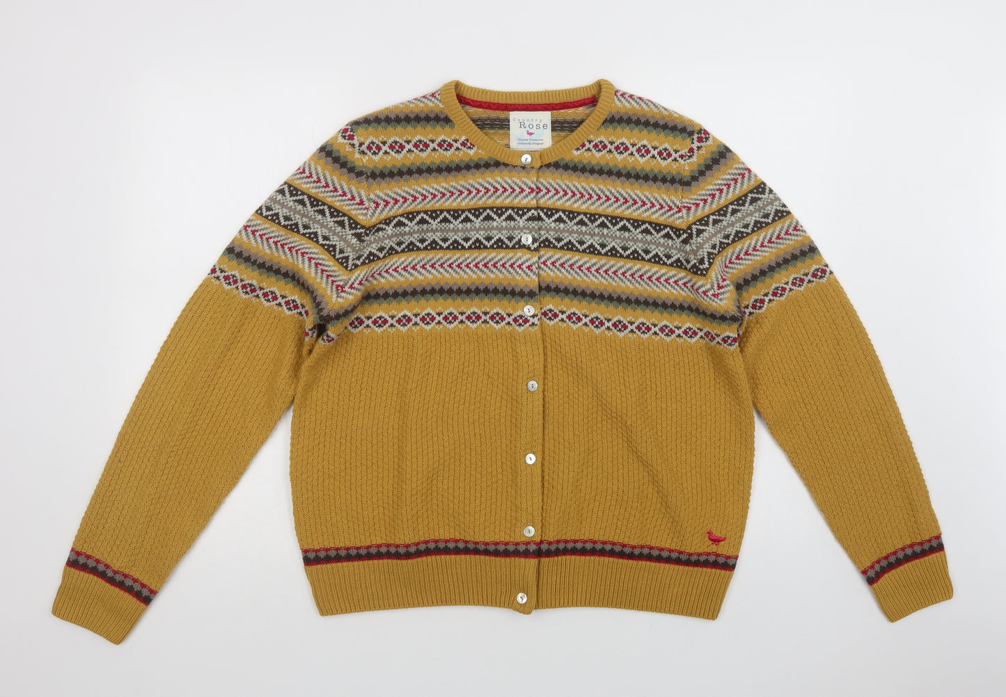 Country Ros Womens Yellow Round Neck Fair Isle Acrylic Cardigan Jumper Size L