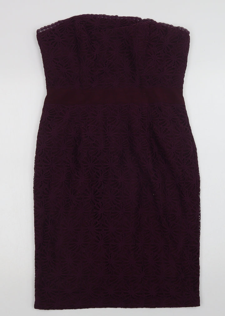 Fever London Womens Purple  Nylon Pencil Dress  Size 14  Off the Shoulder Zip - Lace Overlay